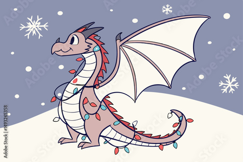 Christmas dragon wrapped in festive lights vector illustration