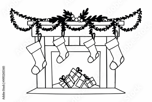 Christmas fireplace scene with stockings and garlands detailed vector illustration