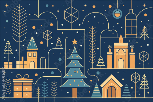 Line art Christmas pattern with gifts and trees vector illustration