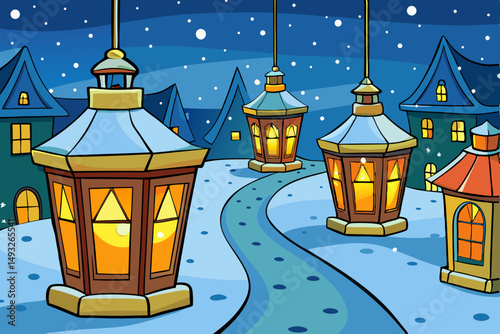 Vector lanterns glowing on snowy streets vector illustration