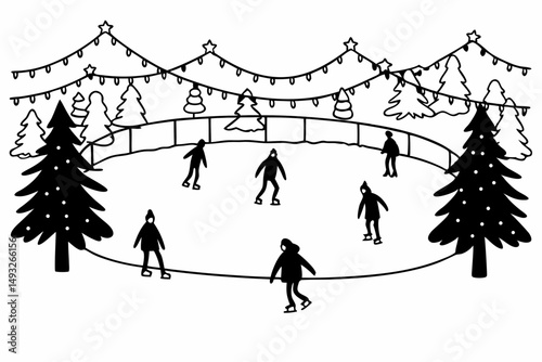 Frozen lake with skaters and Christmas lights vector illustration
