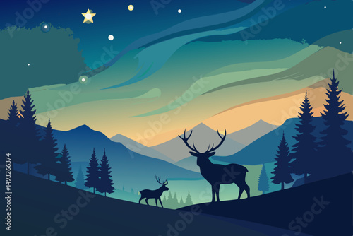 Twinkling stars and silhouette of reindeer vector illustration