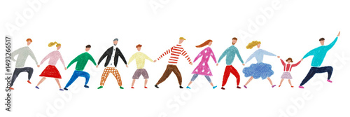 手描きイラスト　手をつなぎながら前進する人々