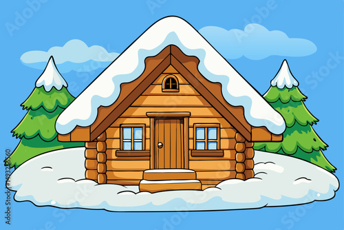 Cozy wooden cabin surrounded by thick snow blanket vector illustration