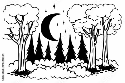 Crescent moon rising over misty forest vector landscape