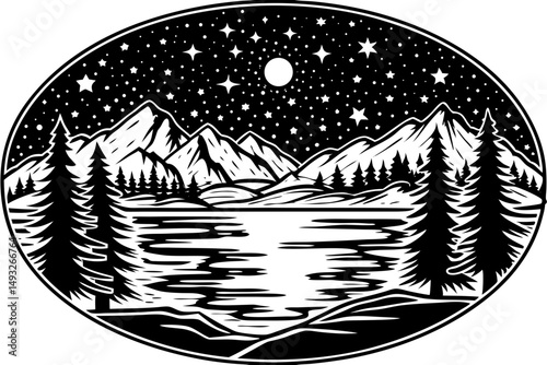 Peaceful mountain lake reflecting starry night sky vector artwork