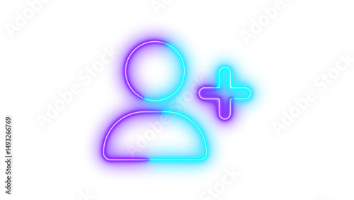 Neon user plus icon glowing with transparent background