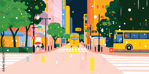 A vibrant cityscape illustration depicting a bustling urban street scene, complete with buildings, vehicles, and people. The illustration captures the energetic atmosphere of a city.