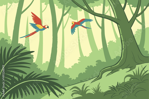 Tropical rainforest with flying colorful parrots vector nature art