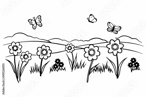 Wildflower meadow with butterflies under blue sky vector illustration
