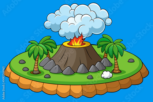Volcanic island with smoking crater vector landscape
