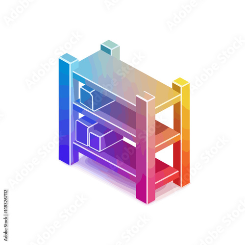 Colorful shelving unit with boxes in modern gradient style  