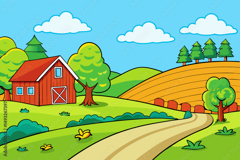 Fototapeta premium Peaceful countryside with rolling hills and rustic charm vector illustration