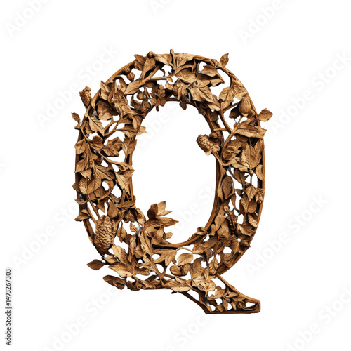 Artistic decorative letter Q made from dried natural leaves and twigs with intricate organic design