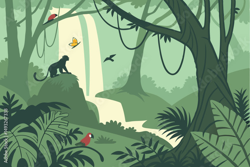Dense jungle with a hidden waterfall and exotic foliage vector illustration
