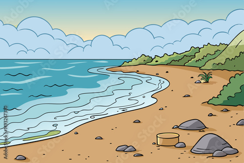 Foggy morning on a quiet beach with gentle waves vector illustration