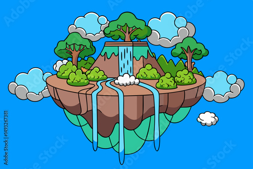Floating island with cascading waterfalls into the sky vector illustration