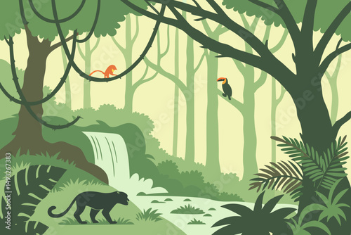 Hidden waterfall surrounded by dense exotic jungle vector illustration