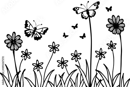 Wildflower meadow with fluttering butterflies vector illustration