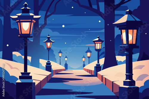 Glowing lanterns on snowy winter streets vector illustration