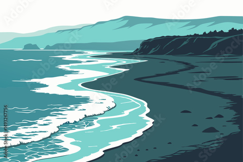 Black sand beach with turquoise waves crashing vector illustration