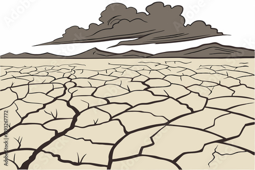 Cracked dry desert floor with approaching storm clouds vector illustration