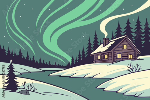 Frozen lake under northern lights with cabin nearby vector illustration