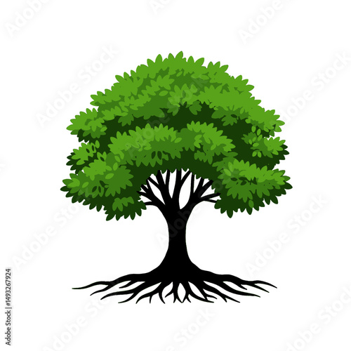 A detailed illustration of a lush green tree with visible roots.
