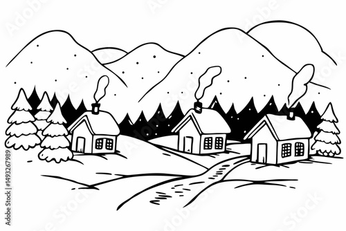 Mountain village covered in snow and soft glow vector illustration
