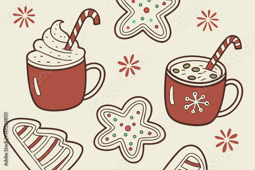 Pattern of gingerbread cookies and hot cocoa vector illustration