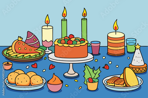 Holiday feast with festive food and candlelight vector illustration