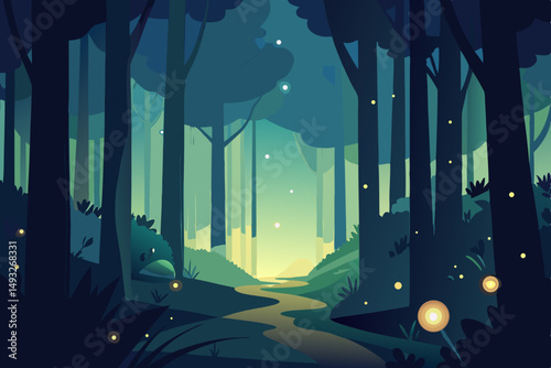 Glowing forest lit by magical fireflies vector illustration