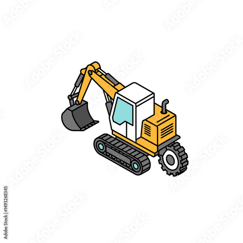 Construction excavator in yellow color with tracks and bucket attachment  