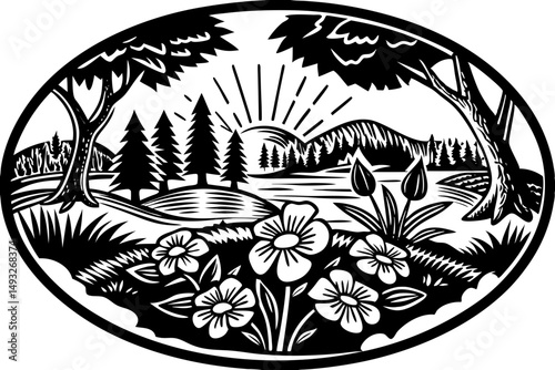 Hidden paradise illuminated by golden light vector illustration