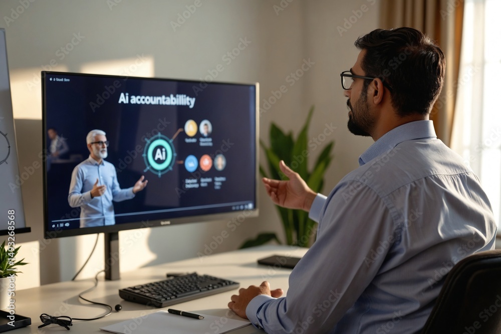 Obraz premium Middle Eastern Businessman Sharing AI Accountability Insights in Virtual Home Office Meeting