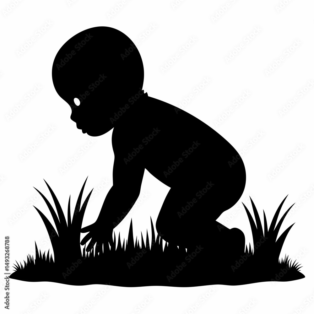Fototapeta premium Baby silhouette exploring grass outdoors