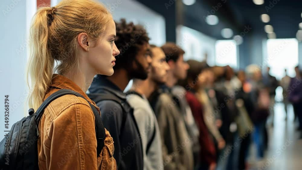 Line of diverse people waiting in an indoor hallway, side view Line of diverse people waiting in an indoor hallway, side view