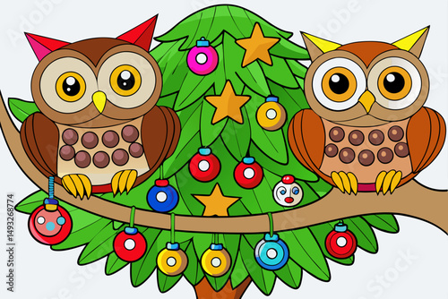 Owls perched in a Christmas-decorated tree vector illustration