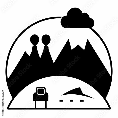 Mountain landscape with vehicle and volcanic peaks