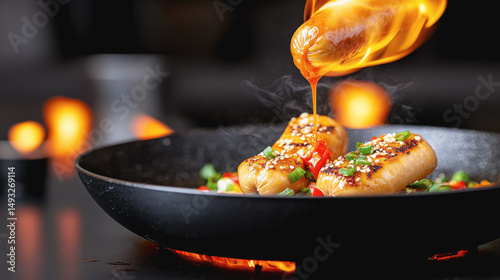 Person playfully cooking a hot dog dipped in fiery sauce in a pan on a bright summer day outdoors