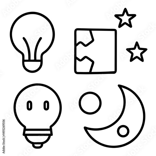 Simple line art icons light bulbs stars moon
