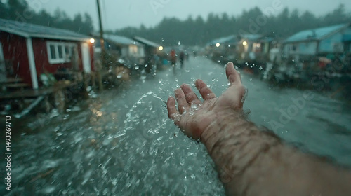 Cinematic First-Person Shot of Hand Reaching into the Rain in a Quiet Mountain Town – Emotional Moody Scene with Realistic Lighting and Dramatic Atmosphere