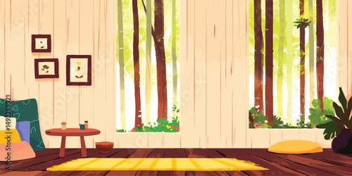 A tranquil interior scene, bathed in natural light, offers a serene space, complemented by lush vegetation and artwork, providing a calming atmosphere and a connection to nature.
