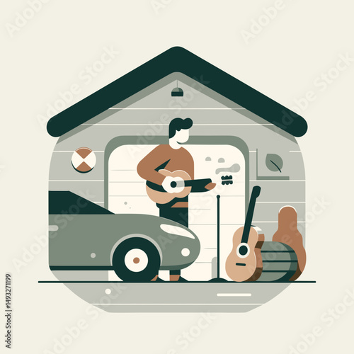 Man playing guitar in garage with car and instruments nearby Concept of travel  