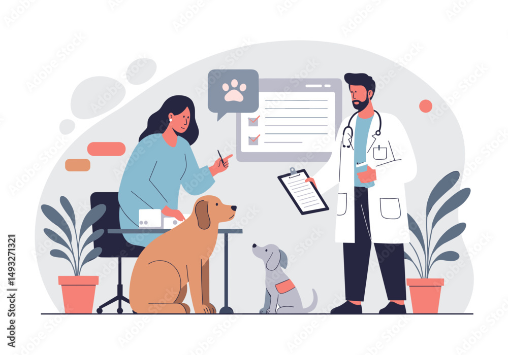 Fototapeta premium Woman talking to veterinarian while sitting with two dogs in clinic