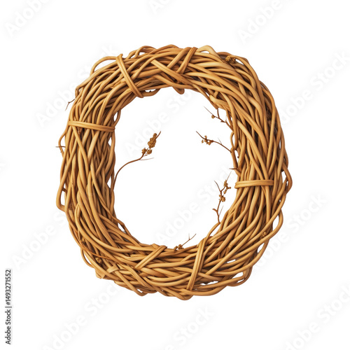 Circular wicker wreath made from intertwined natural twigs with small dry branches for decorative use