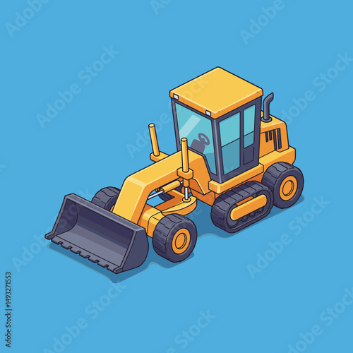Cartoon motor grader on blue background for construction concept  