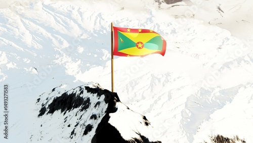 3D rendering of the Grenada national flag, featuring vibrant red, yellow, and green colors with a star and nutmeg symbol, waving atop a snow-covered mountain peak in stunning 4K clarity.

