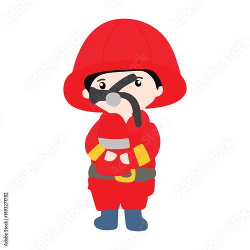 Vector illustration of character firefighter. Firefighters cartoon characters in protective uniform at work big set isolated on white background. Kawaii fire figter character