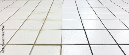 Tile and grout cleaning comparison shot showing before and after results on a white tiled floor surface from eye level